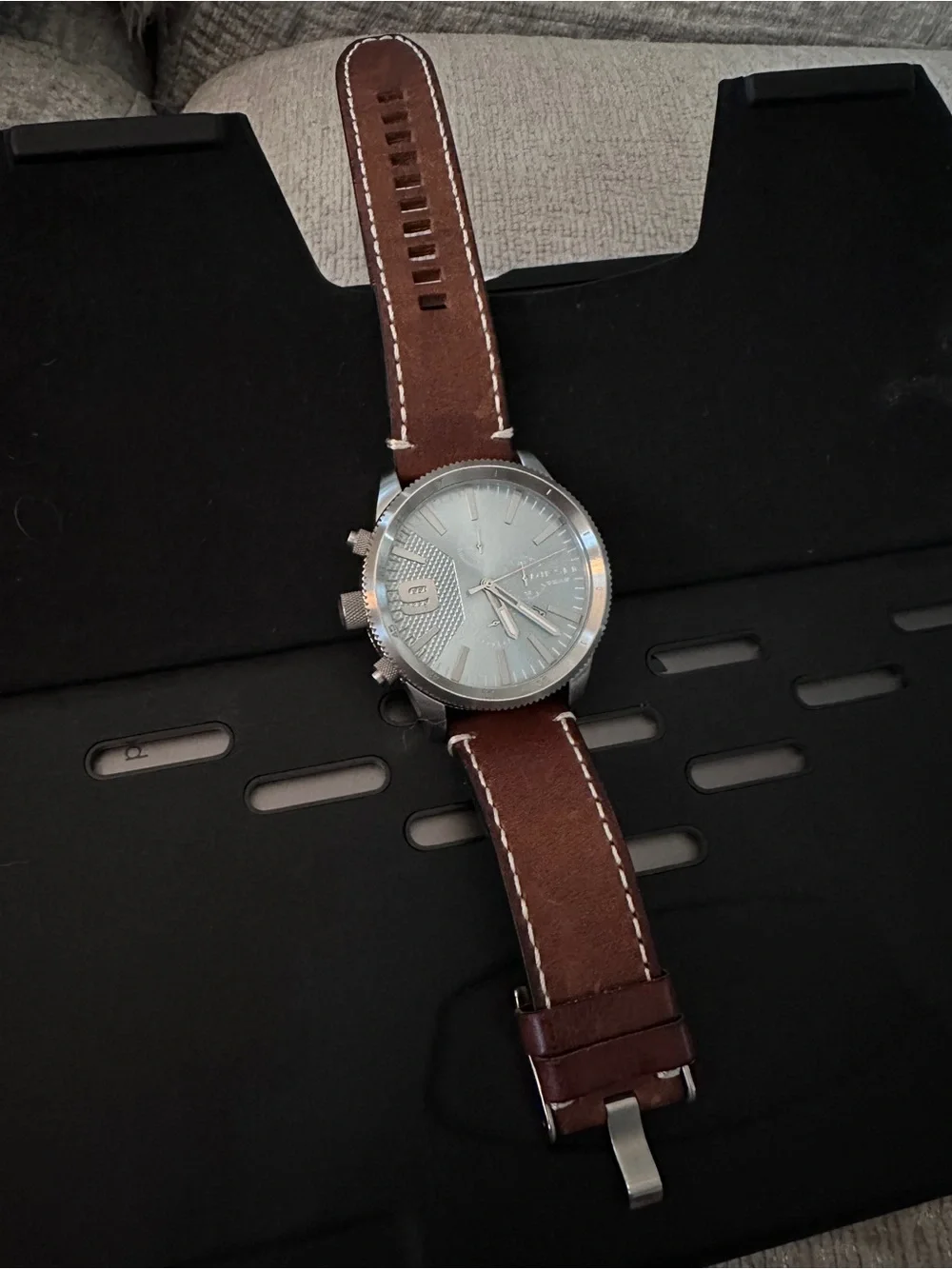 Men's Brown Leather Strap Chronograph Watch - Light Blue Dial